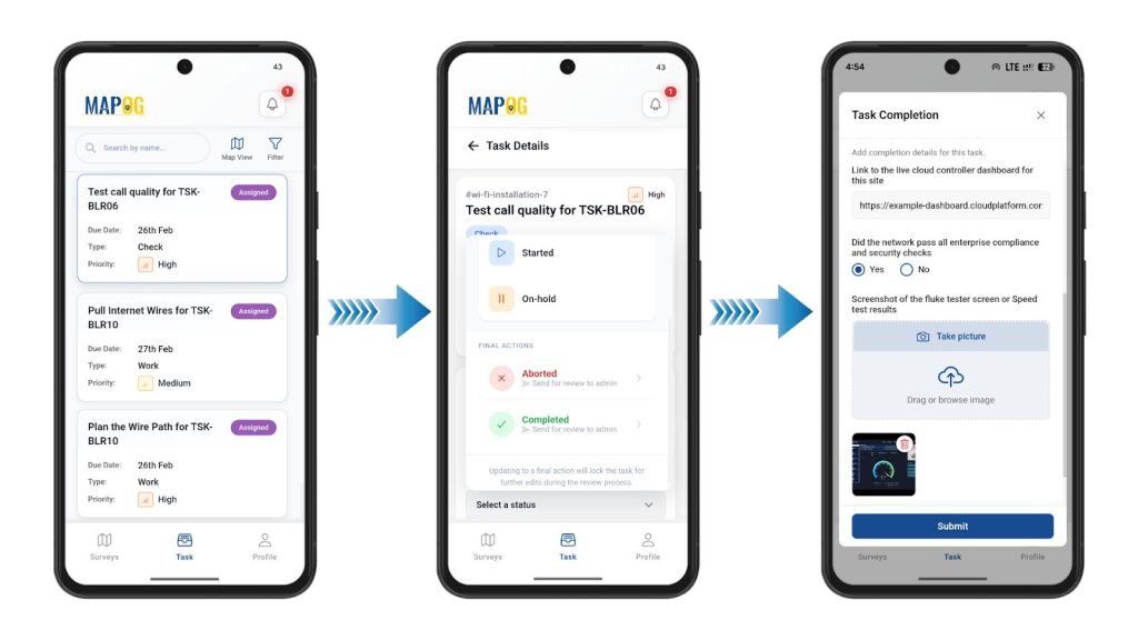 Contributor mobile app screens for task status and completion submission