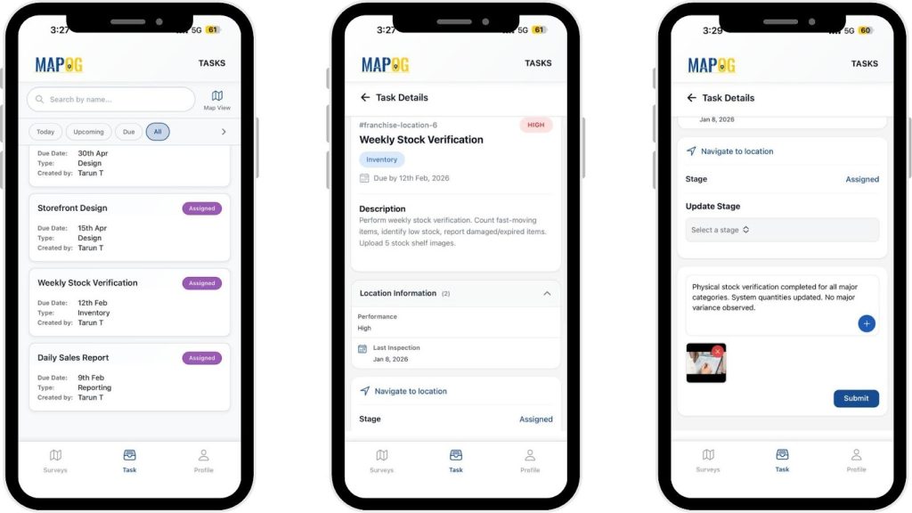 Assignees receive tasks instantly in the MAPOG Contributor App for Map and Monitor Franchise Locations
