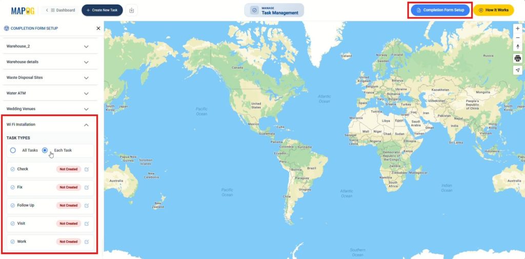 Completion Form Setup panel showing task-wise question configuration