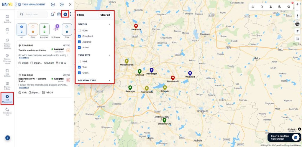 Task filtering panel on map by status, type, and assignee