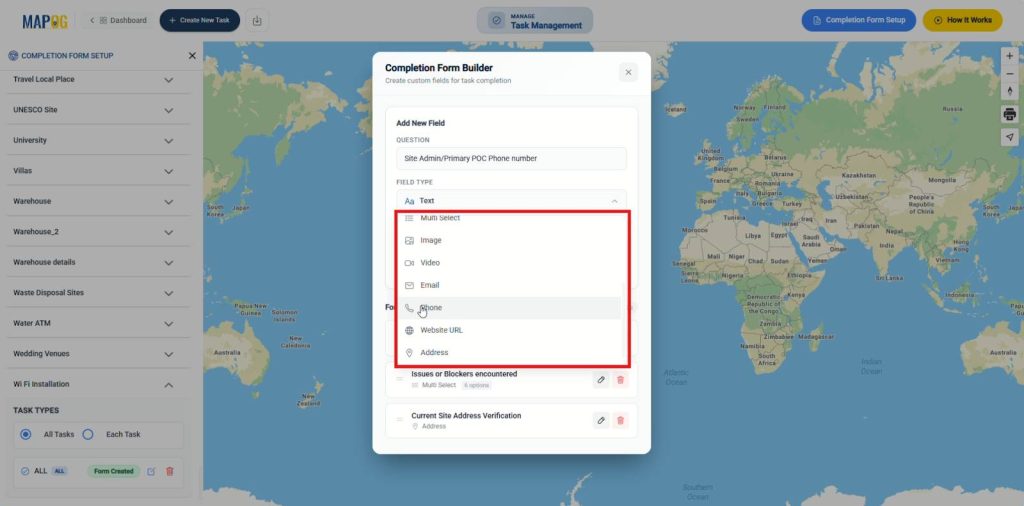 Completion Form Builder with fields to Record Service Completion Details