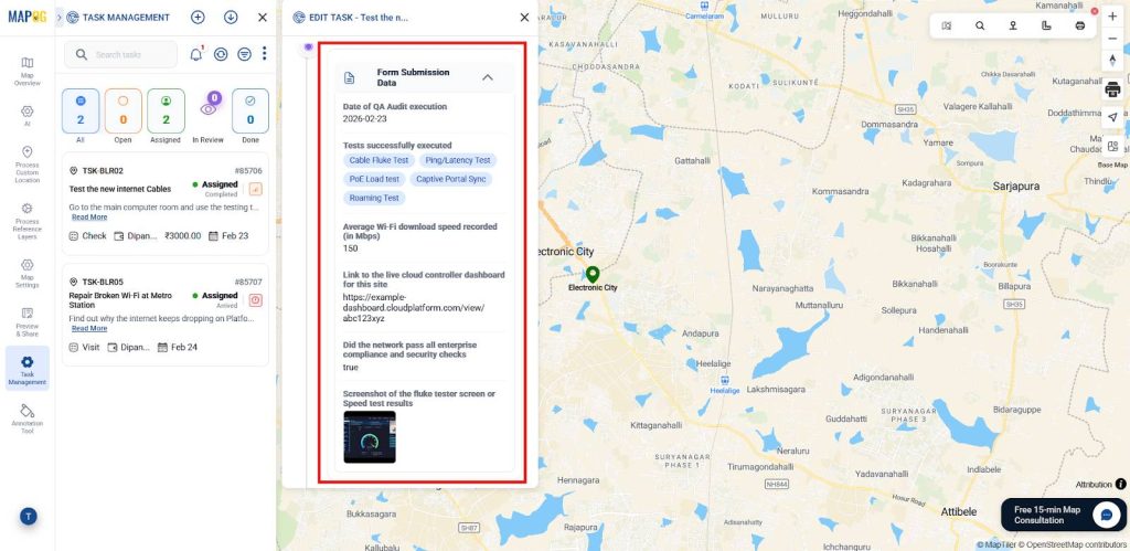 Submitted completion form with photo evidence to Record Service Completion Details