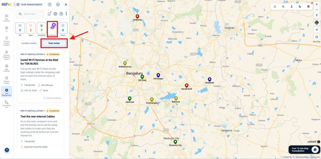 Map interface highlighting Task Review option for submitted tasks