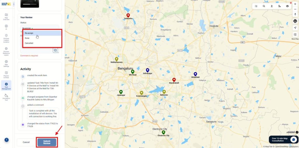 Admin review panel with comments, status update, and submit review action