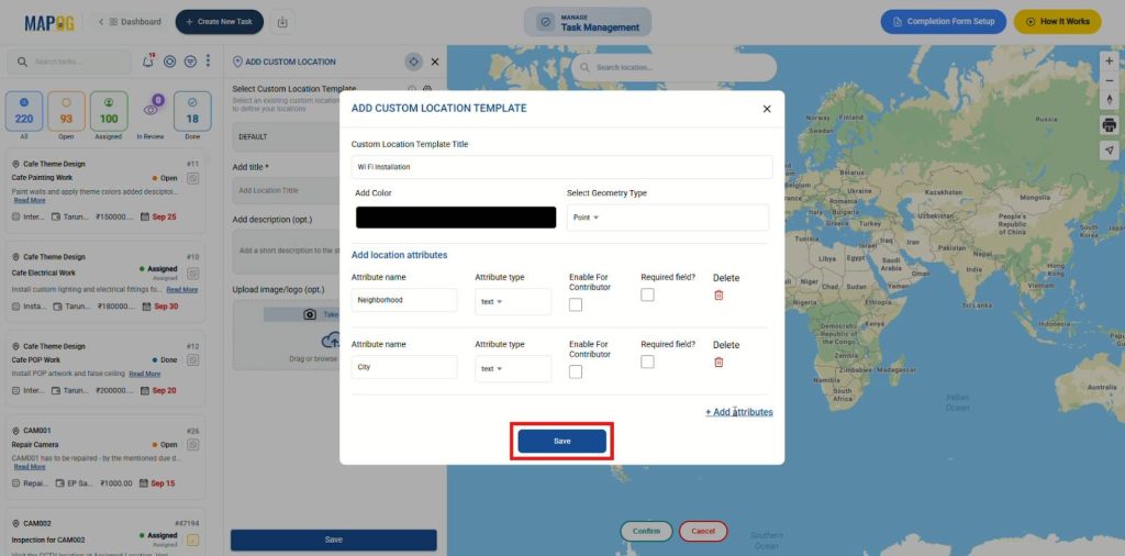 Custom location template Form with attributes and geometry