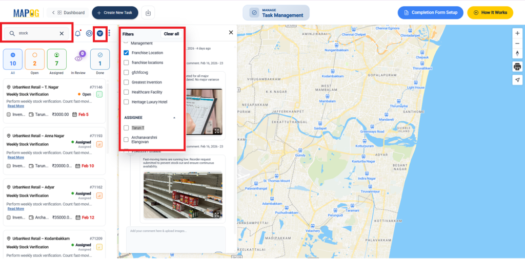 Task Management section for Map and Monitor Franchise Locations
