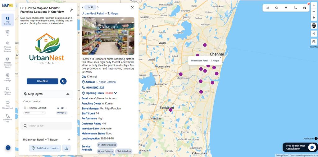 Map, track, and monitor franchise locations on an interactive map 