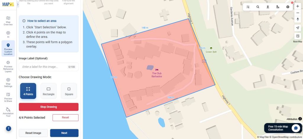 An area is created along which the image will be georeferenced