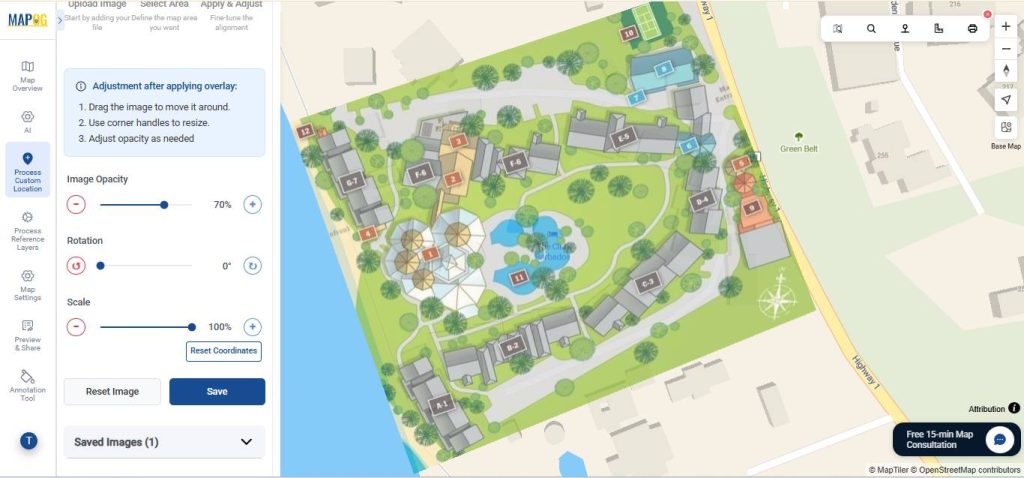 Align the image for creating a virtual hotel campus tour map