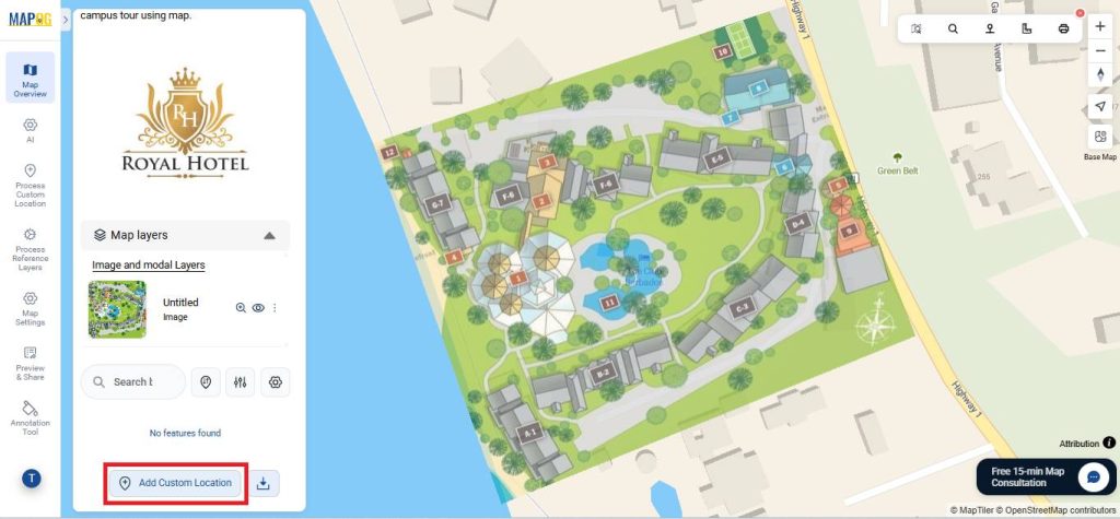 Add custom location for virtual hotel campus tour map