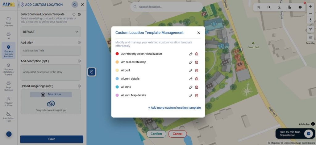 Create a new custom location template for the virtual campus tour map