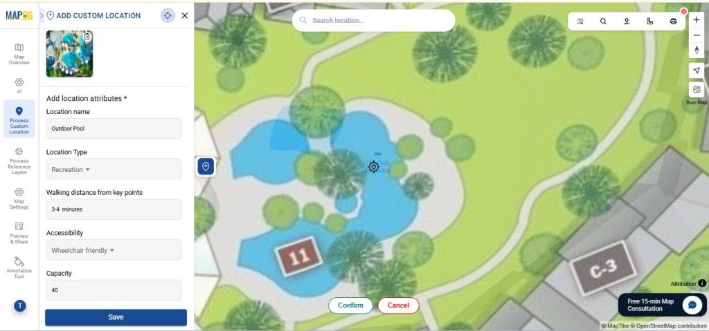 Fill in details for the point of virtual hotel campus tour map