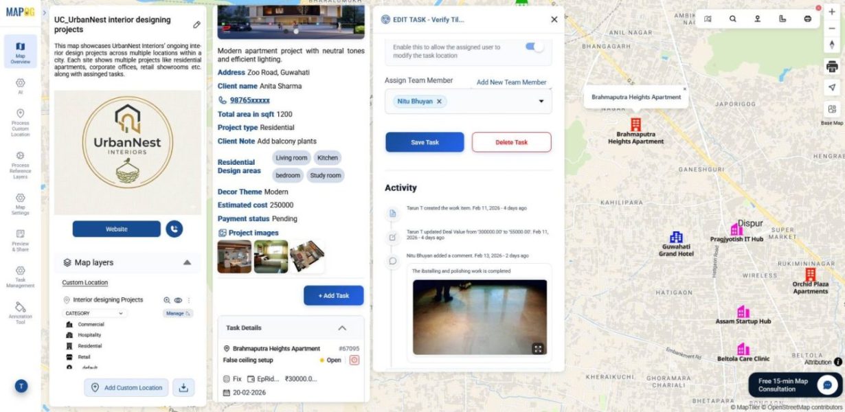 Shows MAPOG final project view with panels for details, tasks, and mapped overview, providing a clear summary to manage interior design projects.