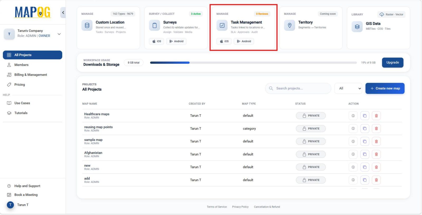 Shows MAPOG task management dashboard for starting project structure, helping teams manage interior design projects.