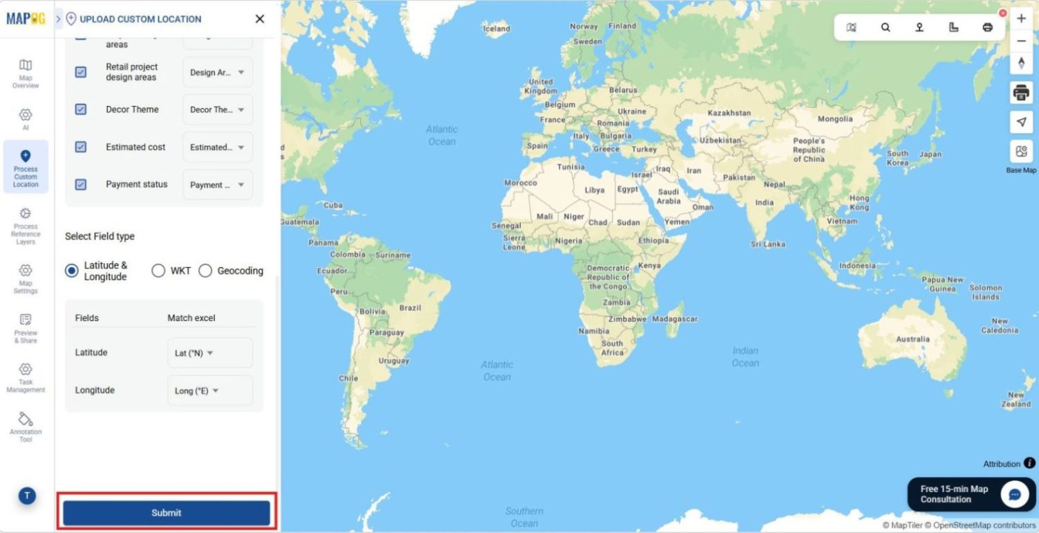 Shows location placement screen with Latitude/Longitude input;  helping teams manage interior design projects across sites.