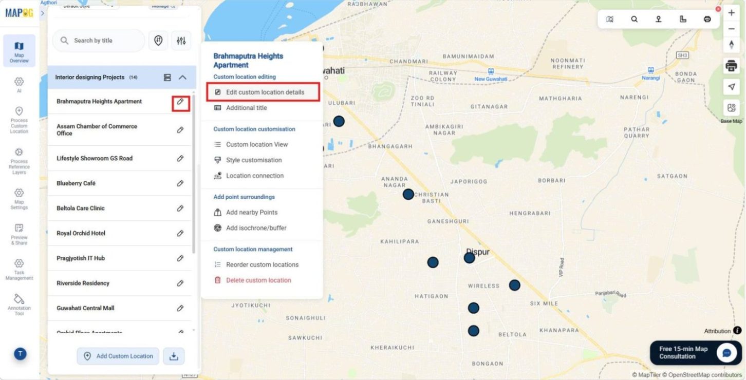 Shows location point with pencil icon selected with edit custom location details option highlighted.