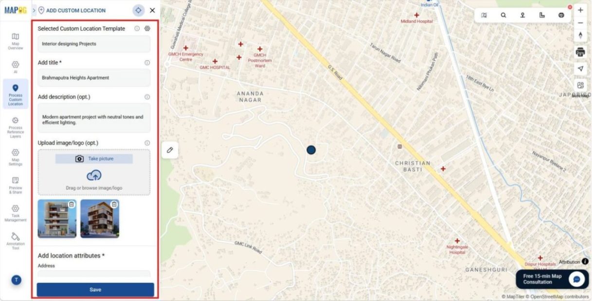 Shows edit window with image upload and description fields for a site