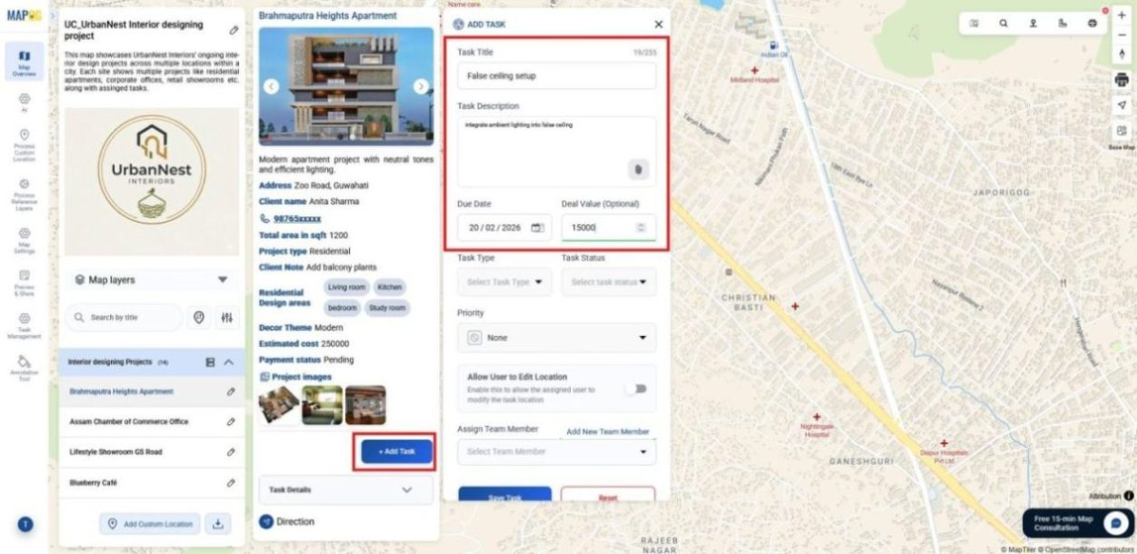 Shows task creation option with fields for task title, description, due date, and deal value.