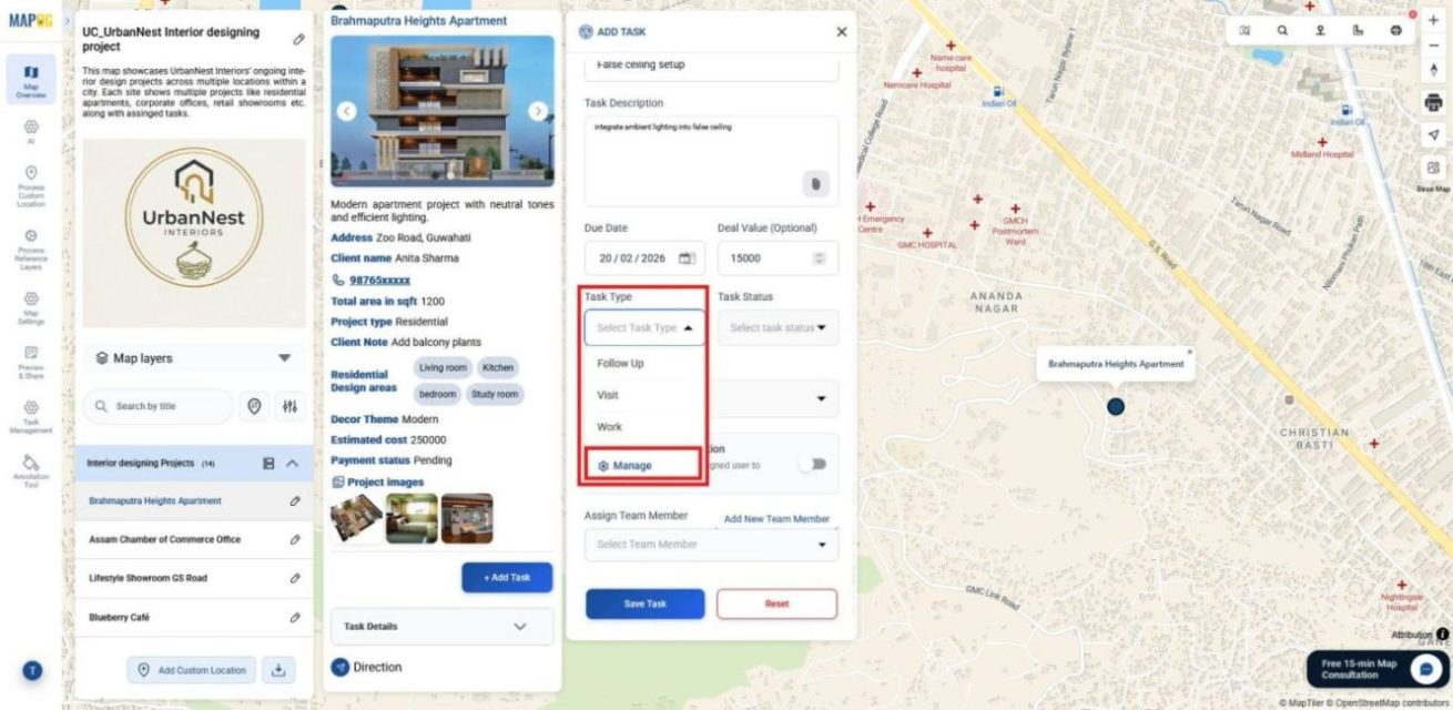 Shows task type selection dropdown with Fix, Change, etc, and manage option to add new types.