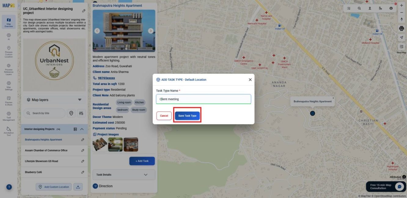Interface showing Manage Task Type window with custom task type creation and saving it.