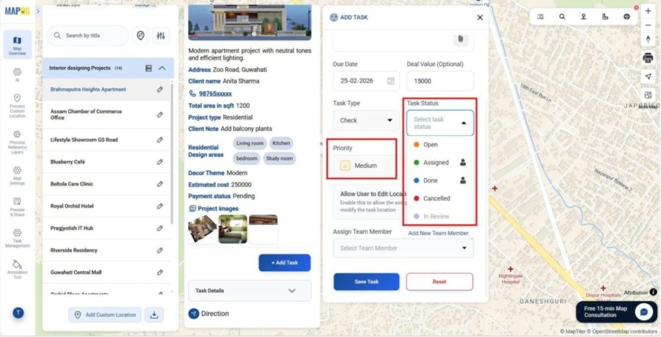shows Task status options like open, assigned etc and priority settings with options like Urgent, High, Medium, Low.