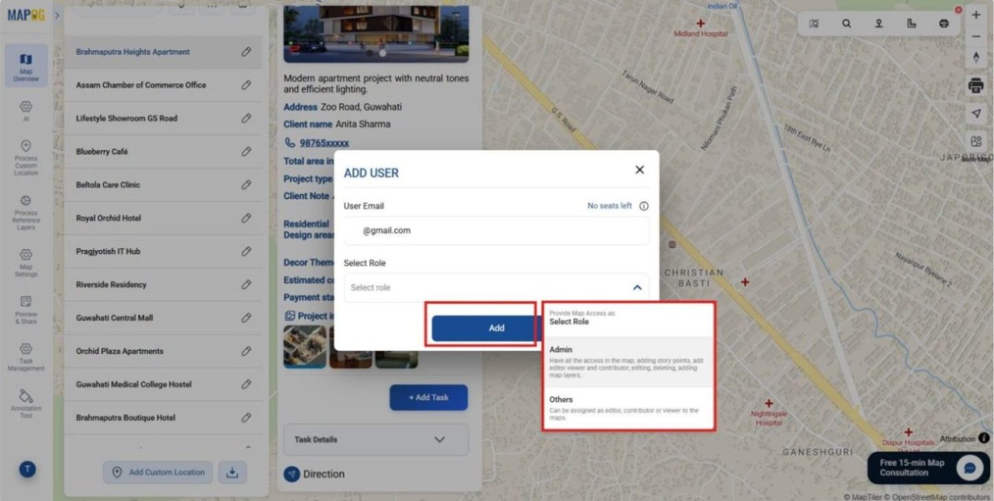  Shows Team member assignment window with email and role selection, ensuring accountability in managing interior design projects.