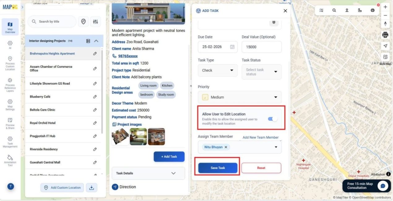 Shows enabling user to add location and selecting Team Members for the task through dropdown.