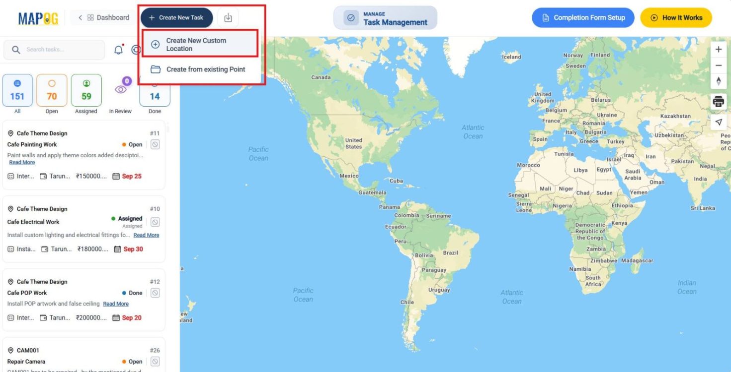 Dashboard showing the option to create a new task, with buttons for Create New Custom Location and Create from Existing Point.