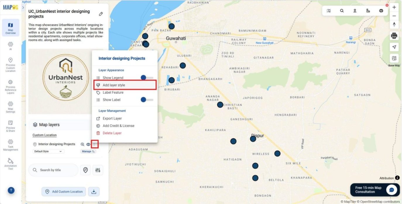 Shows Map Layers panel with Add Layer Style option.