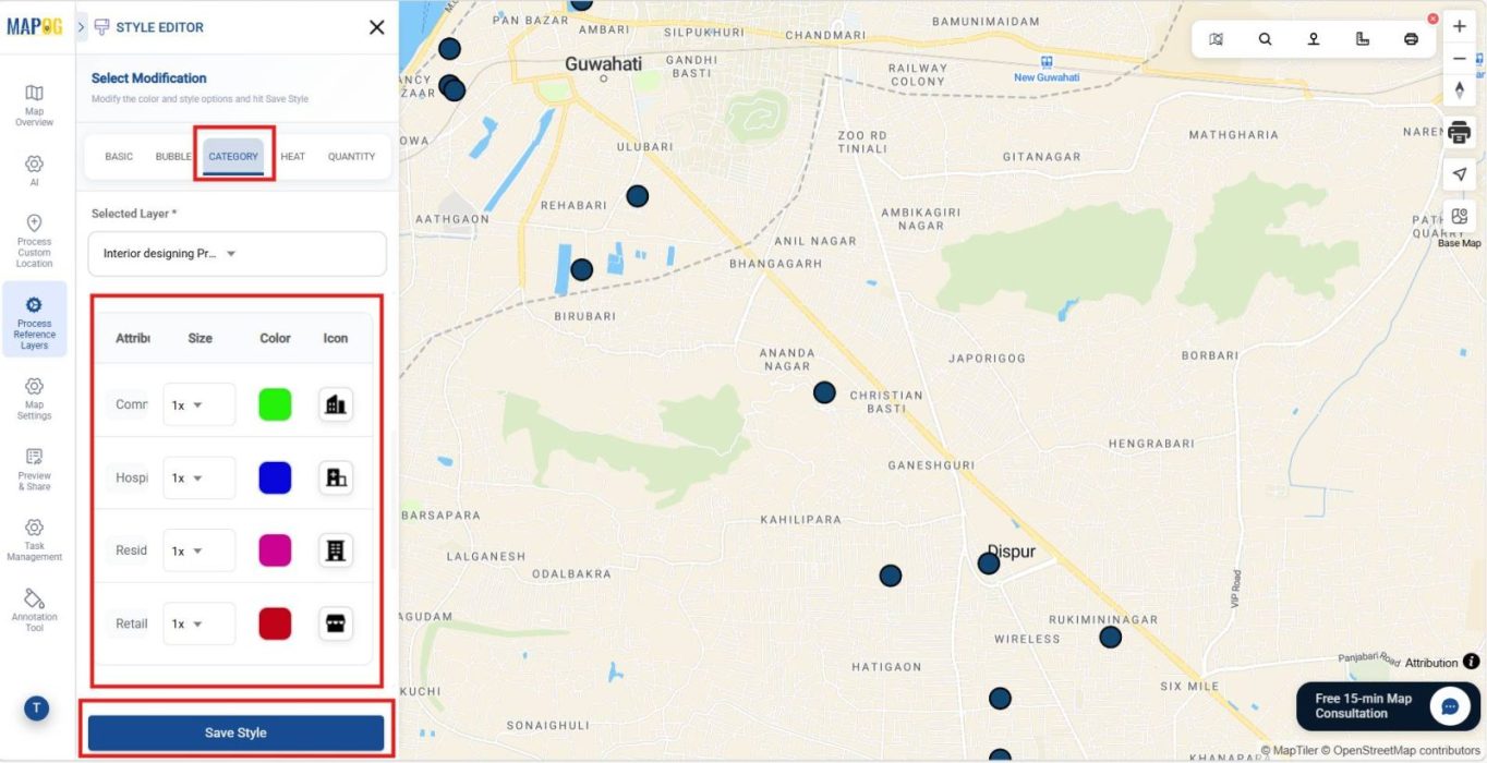 The image shows category styling section where an attribute type is categories with color coding and icon selection.