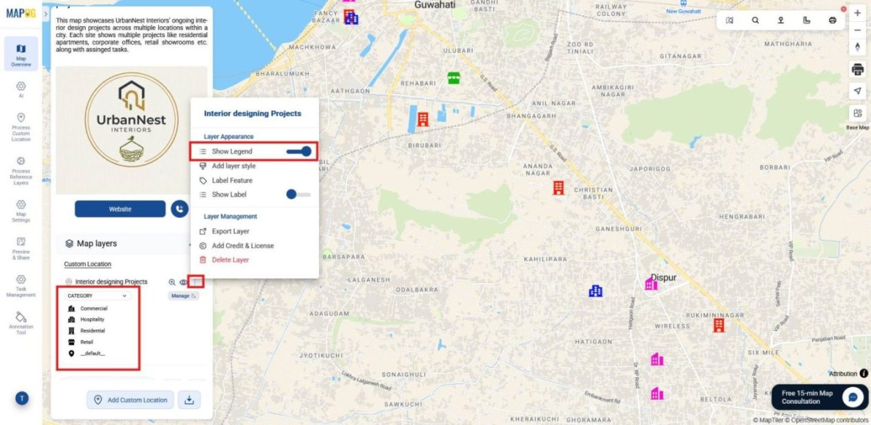 Shows map view with Legend option enabled for category interpretation.