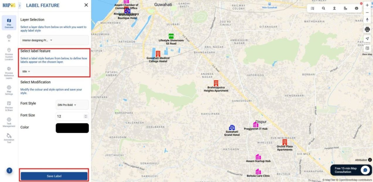 Shows label Feature settings with chosen attribute, making labels visible on the map for clarity when managing interior design projects visually.