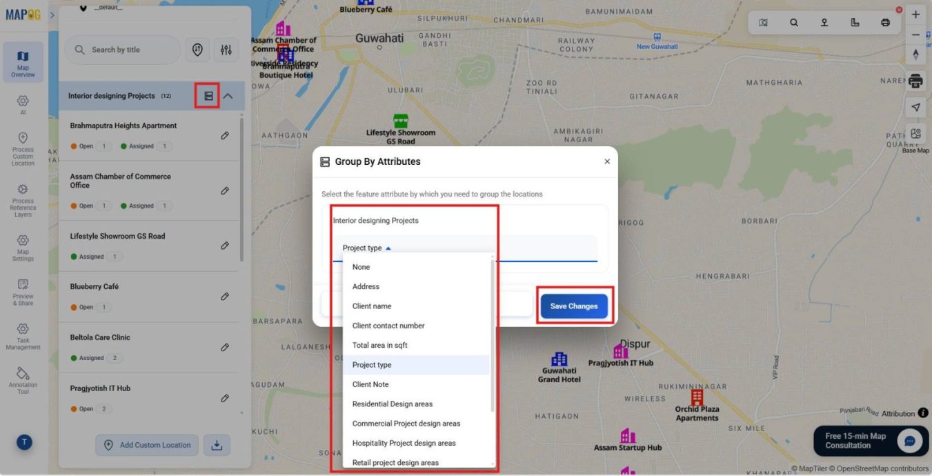 Shows Group by Attributes tool and attribute dropdown through which sites will arranged by project type, status or region etc