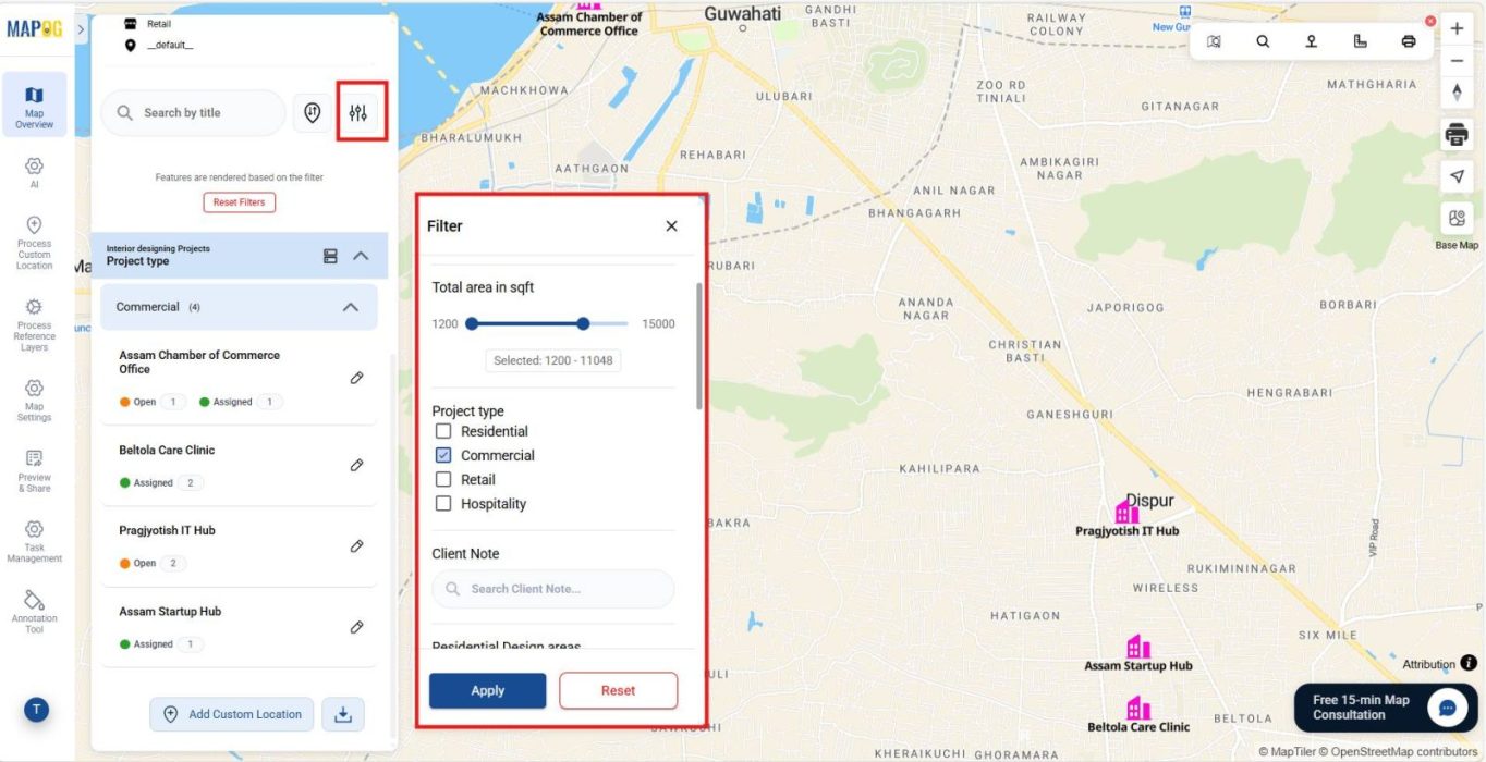 Shows filtering tool to refine points by attributes like project type or budget, helping users manage interior design projects with focused clarity.