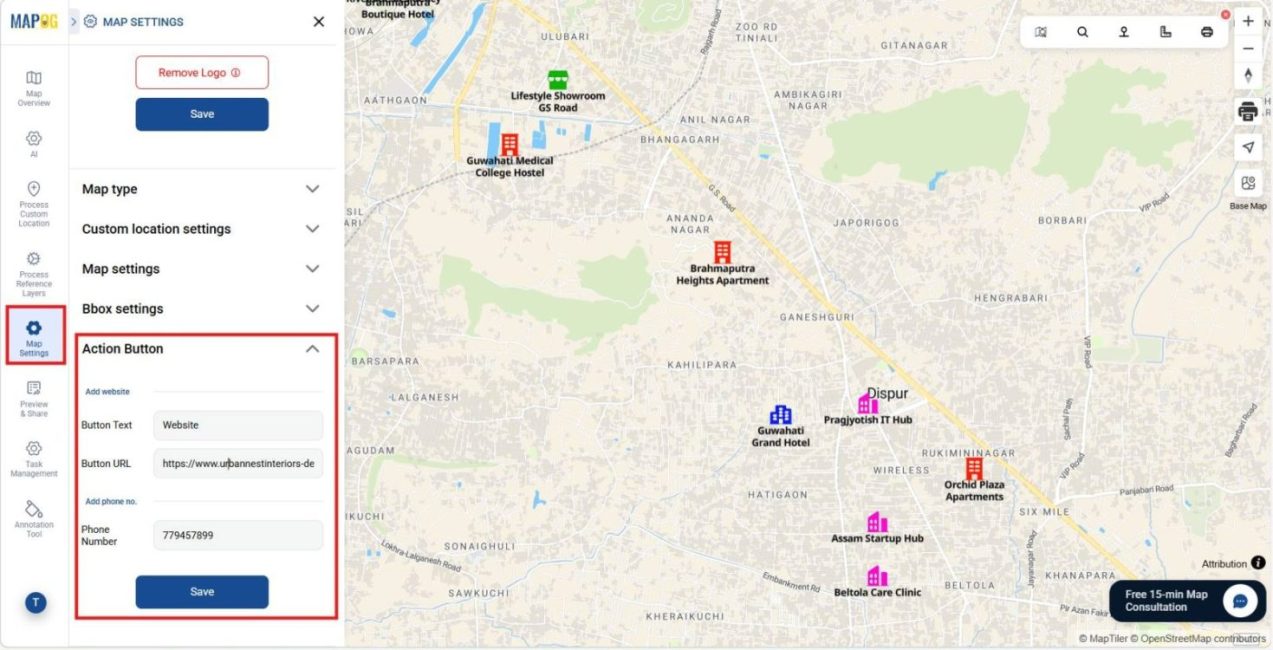 Shows map Settings section with Action button to add website links or contacts.