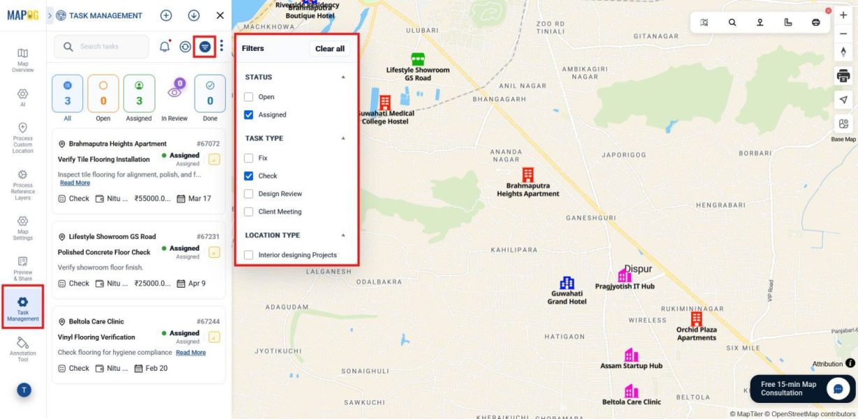 Shows Admin's dashboard task management view with filters for status, type, location, and due date to monitor and sort tasks efficiently.
