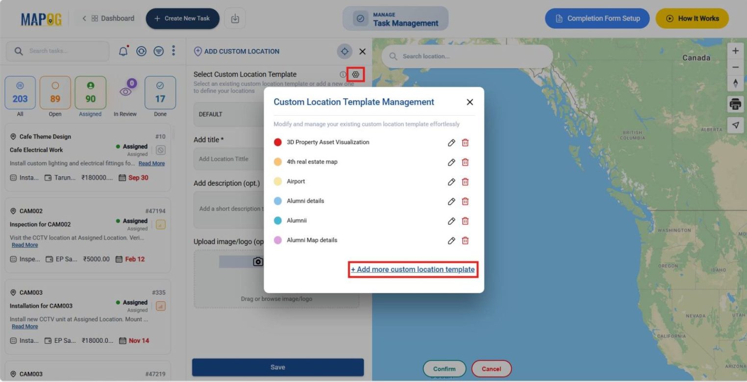 Shows settings panel beside Custom Location Template with Add More location Template option highlighted.