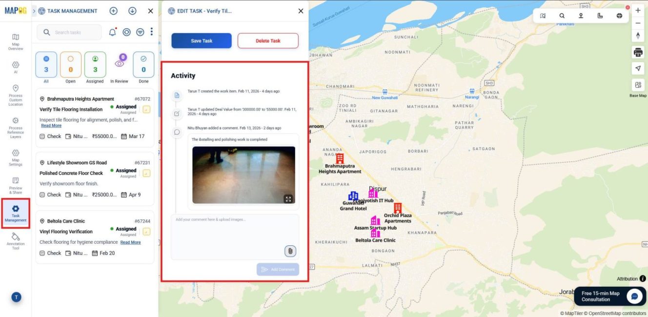 Shows task monitoring with statuses, comments, and updates reviewed to ensure accountability in managing interior design projects.