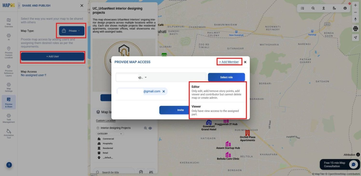 Shows Preview and Share section with Add User option and role assignment for Editors and Viewers.