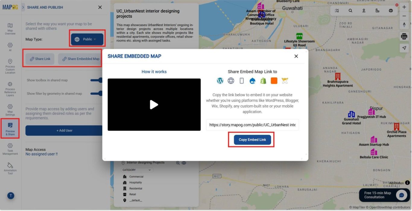 Public sharing options with link and embedded map, enabling transparent collaboration to manage interior design projects.
