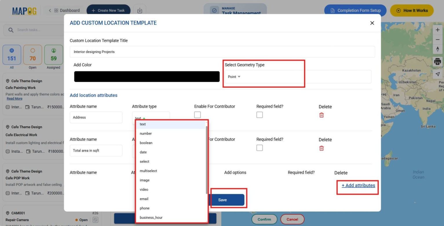 Shows location template creation with geometry type and attribute fields initializing workflows to manage interior design projects.