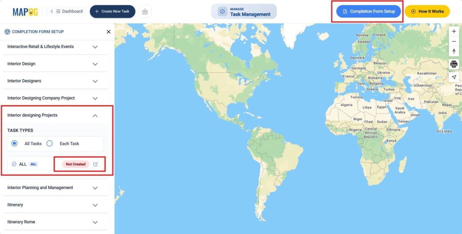 Interface showing Completion Form Setup screen with template selection and options to add questions for all tasks.