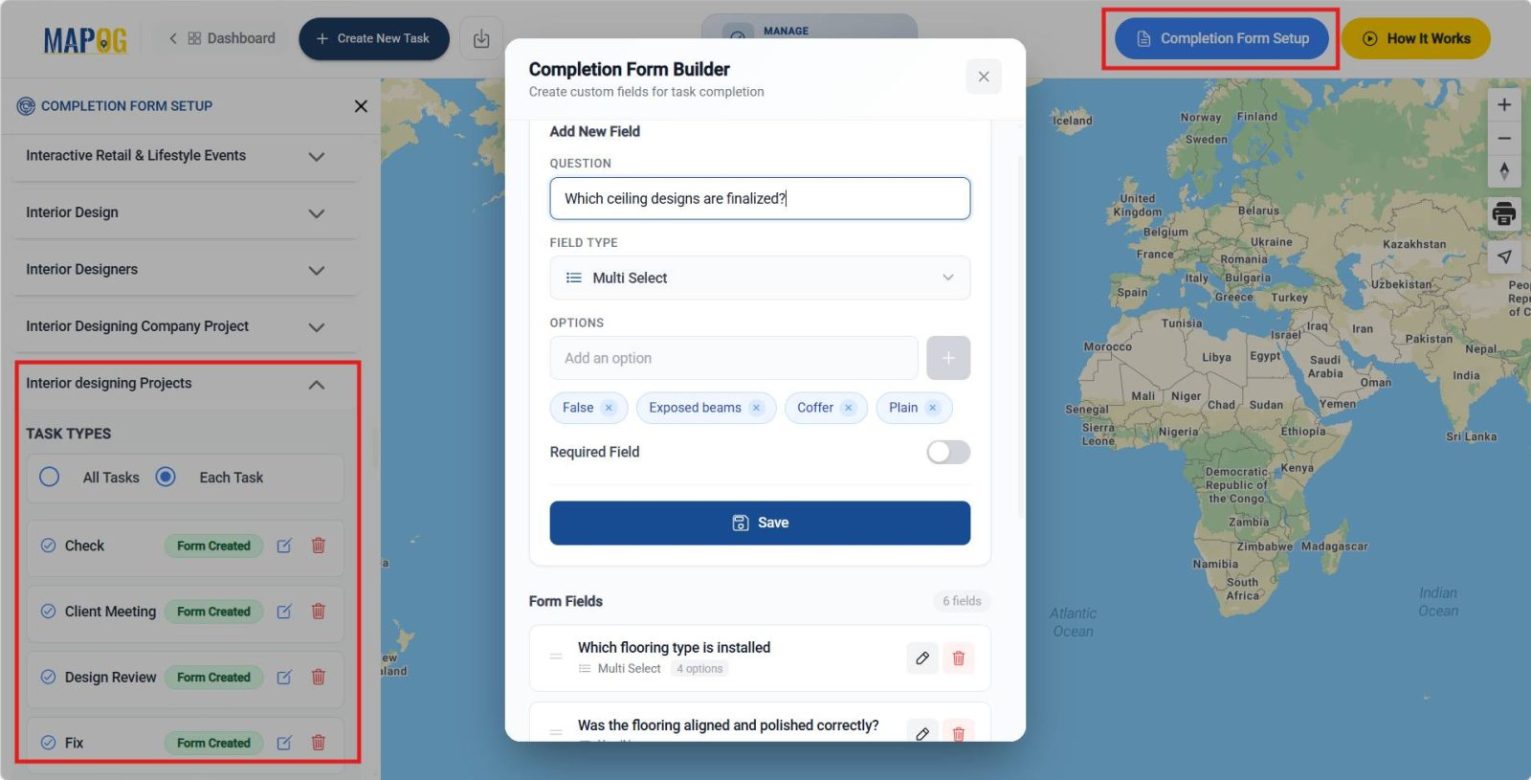 Completion Form Setup screen  showing selected location template, with each task linked to its own specific validation form.