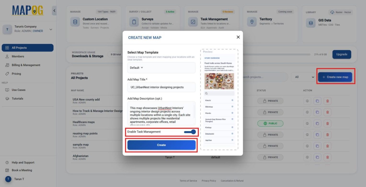Shows dashboard view with “Create New Map” open, showing project title, description, and task toggle to set up the map.