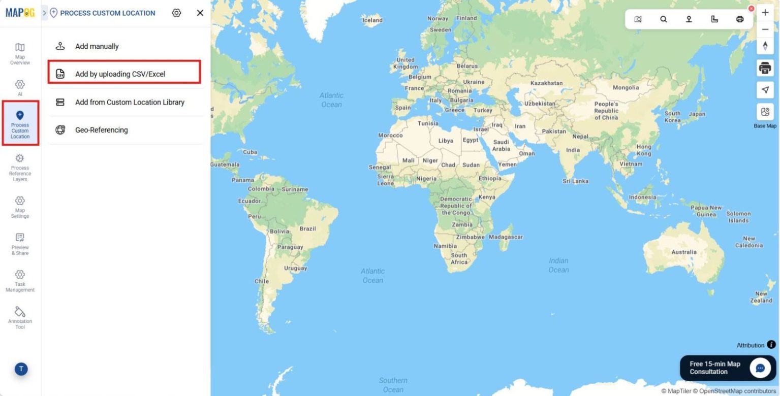 Interface showing Process Custom Location section with option to upload CSV/Excel for bulk site import.