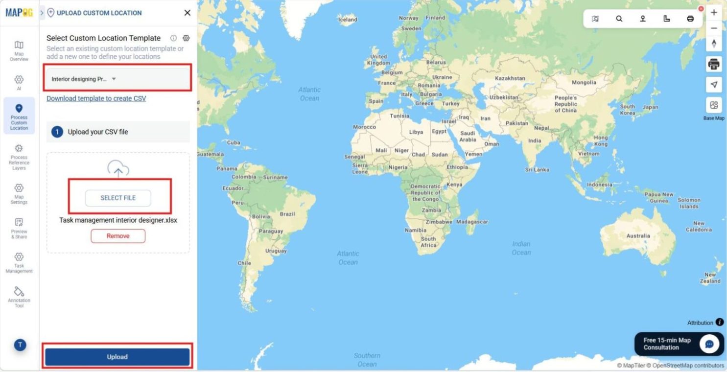 Shows file browse and upload panel with selection of location template.