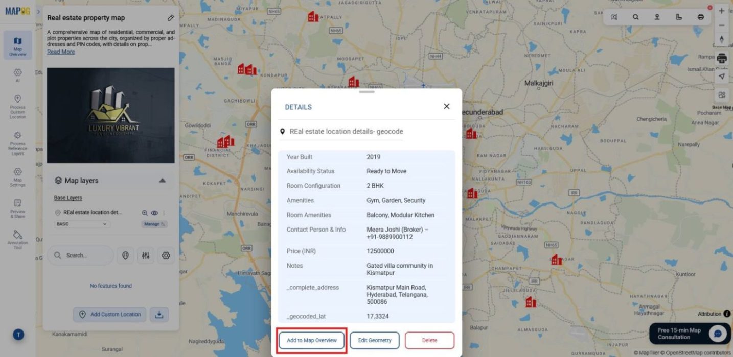 Interface showing add to map overview option, to add points on the overview section after converting the addresses into map locations.