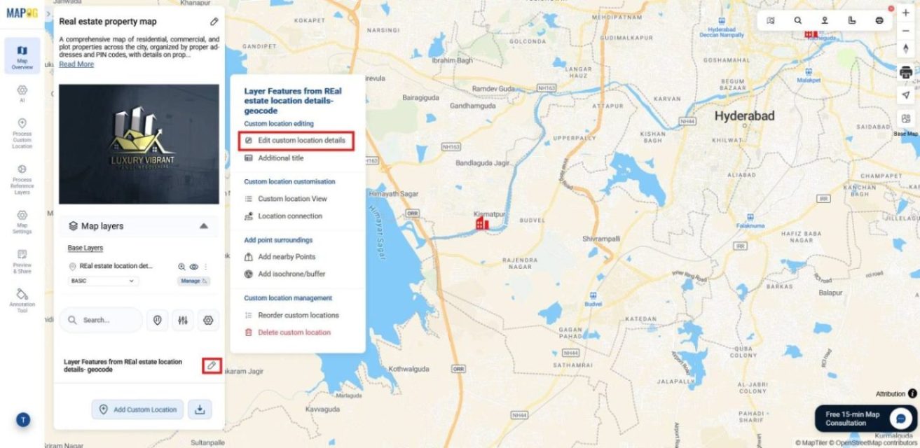 Interface showing the edit custom location details option, used for adding descriptions and images to each point.