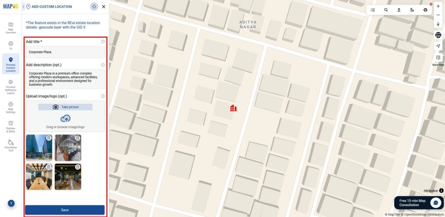 Window displaying how descriptions and images are added and saved to mapped points after converting the addresses into map locations.