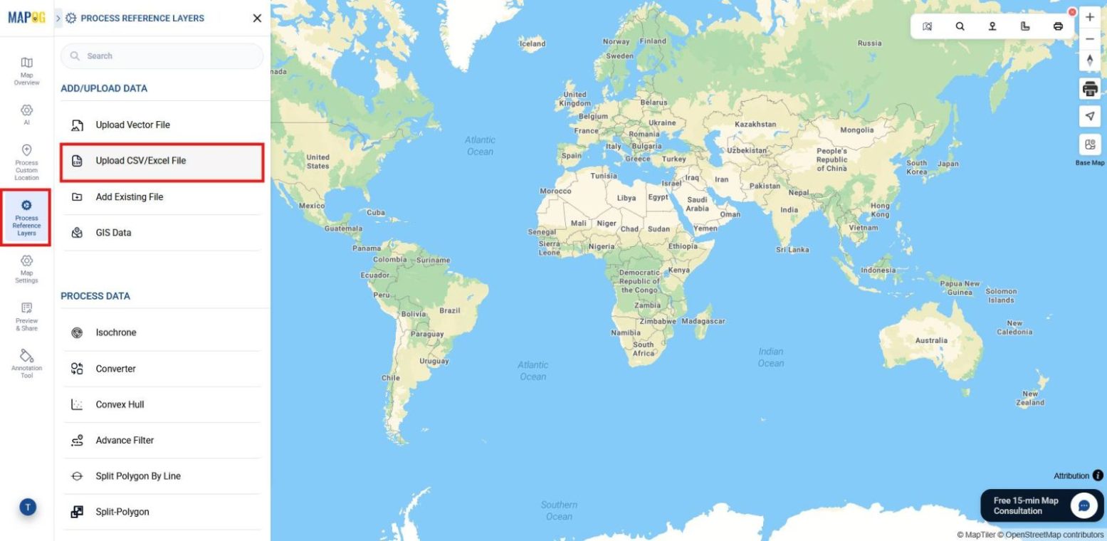 Shows the option upload CSV/excel file in process reference layer section for converting the addresses into map locations.